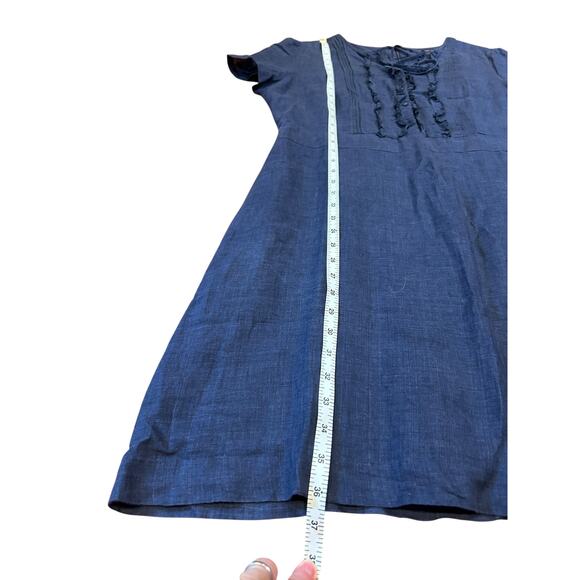 BROOKS BROTHERS 346 Navy Blue Linen Pintuck Ruffle Cottage Short Sleeve Dress 14 - Picture 6 of 8